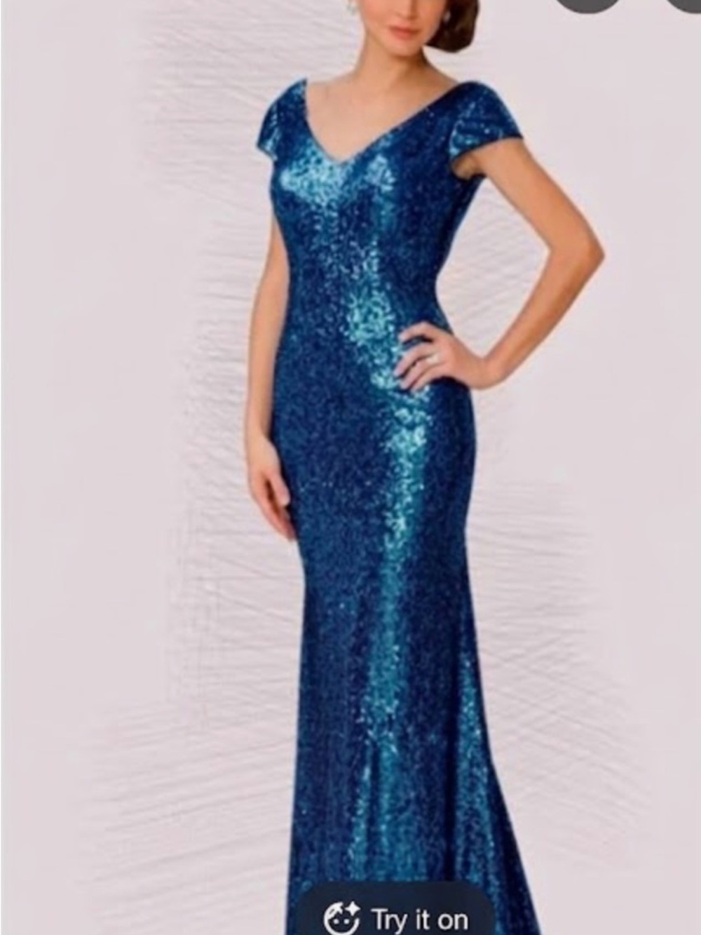 Blue Sequin V-Neck Maxi Dress with Cap Sleeves